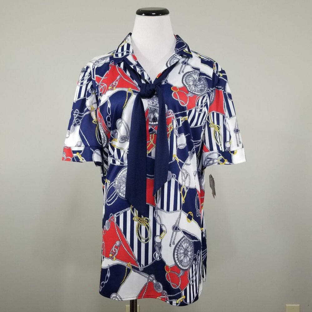VTG 80s Top Notch Nautical Tie Neck Blouse Shirt Sz 40 20W Navy Red Made in USA